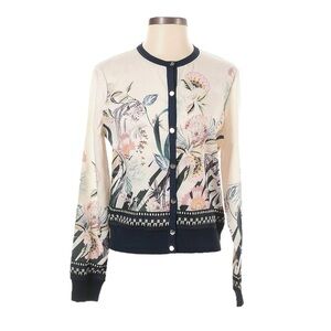 Ted Baker Miyyaa Decadence Woven Bird Floral Satin Cardigan Cream Navy US 6 NWT